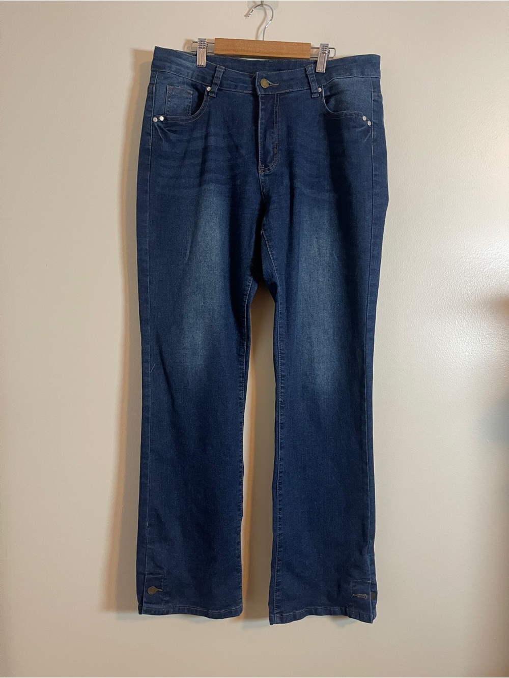 Bootcut Jeans Womens XL Blue High Waist Button Hem Normcore Dark Wash Denim
